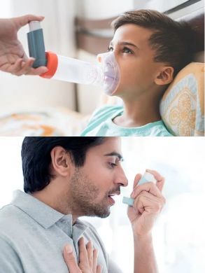 Asma, hombre y niño respirando de inhalador