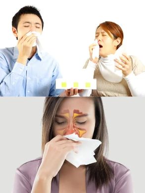 Rinitis alérgica en forma de estornudo en un hombre y dos mujeres