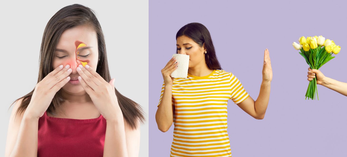 Rinitis alérgica, mujer con sinusitis y mujer estornudando rechazando flor